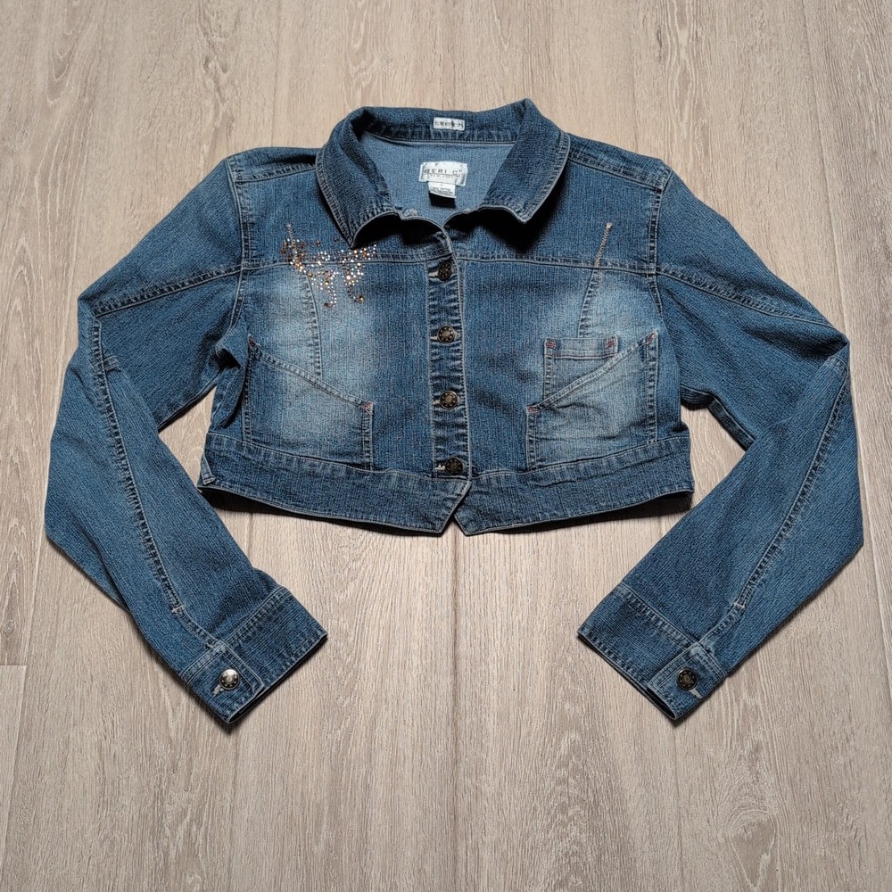 Y2K Geri C NY Cropped Stretch Denim Jacket Rhinestone Butterfly Faded Womens L